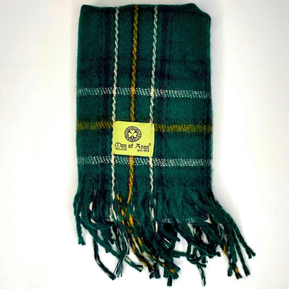 Man of Aran Ireland Scarf Munro Tartan Plaid Green Yellow White